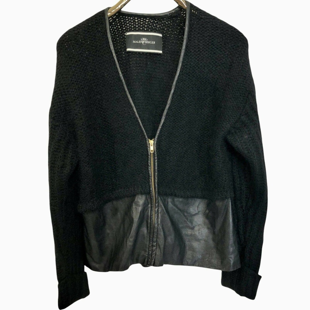Malene Birger Mohair Sweater Black Faux Leather Trim Zip Front Cardigan